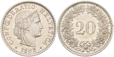 Швейцария 20 раппенов 1982 KM 29a медно-никель 55-1013