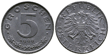 АВСТРИЯ 5 ГРОШЕЙ 1968 KM 2875 цинк UNC 57-1167