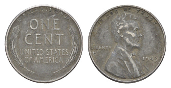 США 1 цент 1943 KM 132a сталь плакированная цинком 4644-559