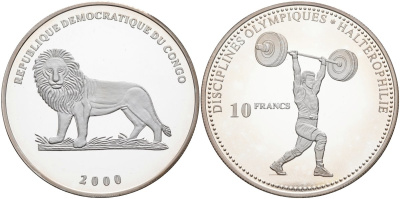 Конго 10 франков 2000 олимпийские дисциплины, тяжёлая атлетика, штанга KM 47 серебро PROOF 00-000-00