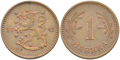 ФИНЛЯНДИЯ 1 МАРКА 1941 S KM 30а медь 4523-213