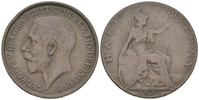 Великобритания 1/2 пенни 1925 Георг V (1910-1936) KM 809, Spink 4056 бронза 4616-744