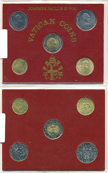 Ватикан набор из 5 монет 1989 в буклете, Иоанн Павел II (20 - 500 лир) 1 биметалл UNC 5-4-3-84