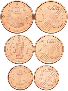 САН-МАРИНО ЛОТ ИЗ 3 МОНЕТ 2006 (1, 2, 5 ЕВРОЦЕНТОВ) KM 440, 441, 442 сталь плакированная медью UNC 78-06