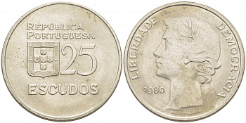 Португалия 25 эскудо 1980 первый год KM 607а медно-никель 4403-1044