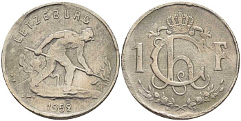 ЛЮКСЕМБУРГ 1 ФРАНК 1952 СТАЛЕВАР KM 46.2 медно-никель 4402-235