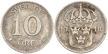 Швеция 10 эре 1918 W, Густав V (1907-1950) KM 780 серебро 4147-832