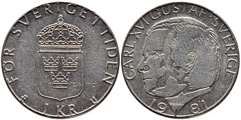 Швеция 1 крона 1981 Карл XVI Густав (1973- ) KM 852 медь плакированная медно-никелем 4397-1041