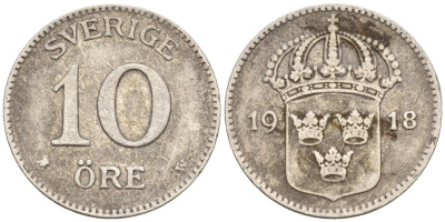 Швеция 10 эре 1918 W, Густав V (1907-1950) KM 780 серебро 4147-832