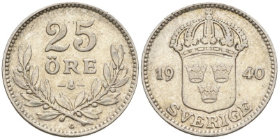 Швеция 25 эре 1940 G, Густав V (1907-1950) KM 785 серебро 4147-948