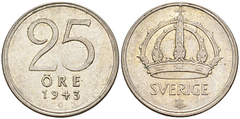 Швеция 25 эре 1943 G, Густав V (1907-1950) KM 816 серебро 4147-951