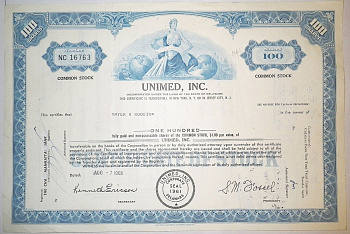 США, UNIMED, INC. 100 АКЦИЙ 1968 США бумага 00-00