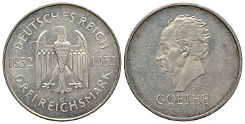 Германия 3 марки 1932 G, 100 лет со дня смерти Иоганна Вольфганга фон Гёте J. 350, KM 76 серебро 00-812-07