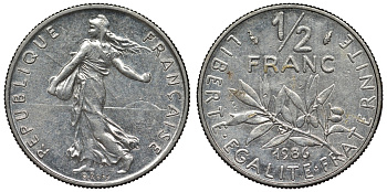 Франция 1/2 франка 1986 сеятель KM 931.1, Le Franc 198.25 никель 4128-245