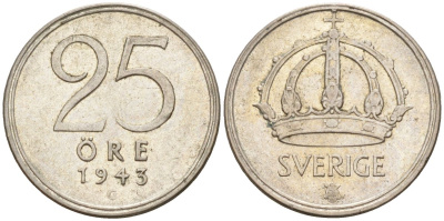 Швеция 25 эре 1943 G, Густав V (1907-1950) KM 816 серебро 4147-951