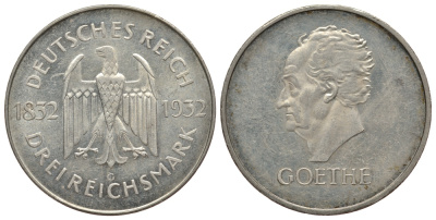 Германия 3 марки 1932 G, 100 лет со дня смерти Иоганна Вольфганга фон Гёте J. 350, KM 76 серебро 00-812-07