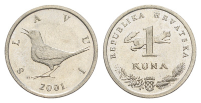Хорватия 1 куна 2001 западный соловей, нечетный год KM 9.1 медь цинк никель aUNC 4571-1246