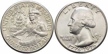 США 25 центов = квотер 1976 D, 200 лет независимости (1776-1976), Вашингтон, барабанщик KM 204 медь плакированная медно-никелем 63-1331