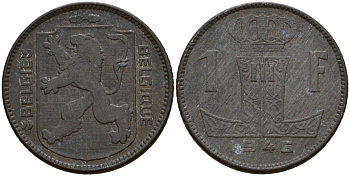 Бельгия 1 франк 1946 Belgie - Belgique, Леопольд III (1934-1947), германская оккупация, Вторая мировая война KM 128 цинк 4161-624