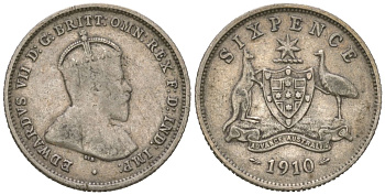 Австралия 6 пенсов 1910 L, Эдуард VII (1901-1910) KM 19 серебро 4609-351