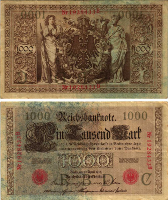 Германия 1000 марок 1910 21 апреля 1910, семизначный номер, серия В Pick 44b  бумага   8610-6-1-1