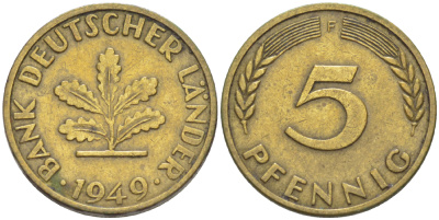 ФРГ 5 ПФЕННИГОВ 1949 F KM 102, J. 377 сталь плакированная латунью 4181-861
