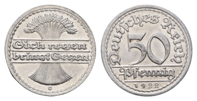 Германия 50 пфеннигов 1922 G KM 27, J. 301 алюминий UNC 3856-1135