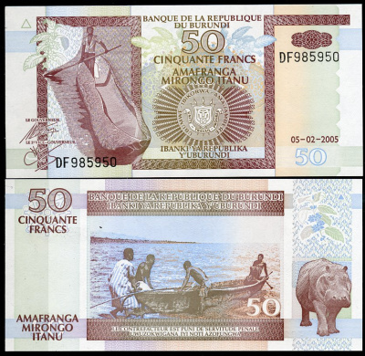 Бурунди 50 франков 2005 каное, рыбаки Pick 36 e бумага бумага  UNC (пресс) 448-62-3