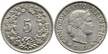 ШВЕЙЦАРИЯ 5 РАППЕНОВ 1932 В KM 26b никель 4396-1125