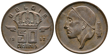 БЕЛЬГИЯ 50 САНТИМОВ 1962 BELGIE KM 149.1 бронза 4383-1138