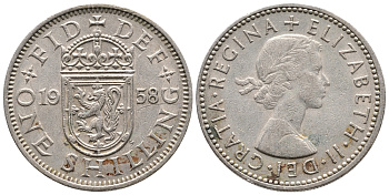 Великобритания 1 шиллинг 1958 Елизавета II (1952-2022), Шотландский герб KM 905, Spink 4148 медно-никель 86-857