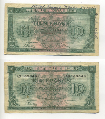 БЕЛЬГИЯ 10 ФРАНКОВ 1944 1 ФЕВРАЛЯ 1943, КОРОЛЬ В ИЗГНАНИИ Pick 122 бумага 6294-46-4