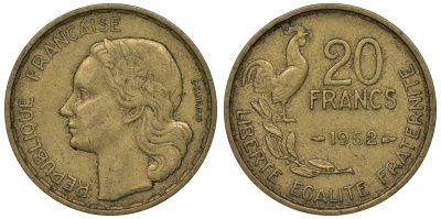 Франция 20 франков 1952 петух, 4 пера KM 917.1, Le Franc 402.9 алюминиевая бронза 4128-535
