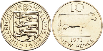 Гернси 10 пенсов 1971 Гернсийская корова, тираж 10000 экз. KM 24 медно-никель PROOF 4583-323