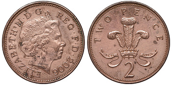 Великобритания 2 пенса 2006 Елизавета II (1952-2022) KM 987, Spink 4690 (C5) сталь плакированная медью 4122-846