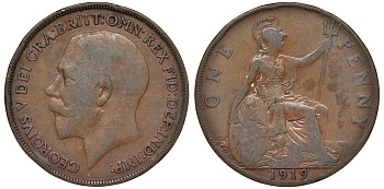 Великобритания 1 пенни 1919 Георг V (1910-1936) KM 810, Spink 4051 бронза 4123-1211
