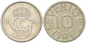 Швеция 10 эре 1980 Карл XVI Густав (1973- ) KM 850 медно-никель 3955-343
