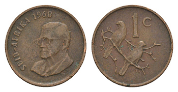 ЮАР 1 цент 1968 Окончание президентства Чарльза Сварта, SUID-AFRIKA KM 74.2 бронза 4609-1133