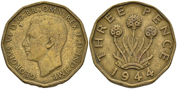 Великобритания 3 пенса 1944 Георг VI (1936-1952) KM 849, Spink 4112 никель латунь 4146-327