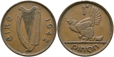 ИРЛАНДИЯ 1 ПЕННИ 1942 КУРИЦА С ЦЫПЛЯТАМИ KM 11 бронза 4531-636