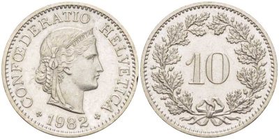 Швейцария 10 раппенов 1982 KM 27 медно-никель 4396-1546