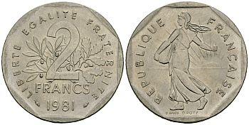 Франция 2 франка 1981 сеятель KM 942.1, Le Franc 272.3 никель 4120-1242