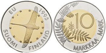 Финляндия 10 марок 1995 М, европейское единство, с сертификатом KM 82а биметалл, серебро, золото PROOF 00-00
