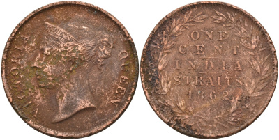 Стрейтс-Сетлментс 1 цент 1862 Виктория (1837-1901), Ост-Индская компания KM 6 медь 4590-243