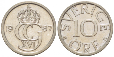 Швеция 10 эре 1987 D, Карл XVI Густав (1973- ) КМ 850 медно-никель 3955-356