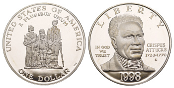 США 1 доллар 1998 S, 275 лет со дня рождения Криспаса Эттакса KM 288 серебро PROOF 11-256-44
