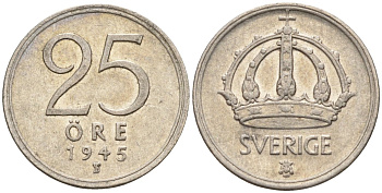 Швеция 25 эре 1945 G, Густав V (1907-1950) KM 816 серебро 4147-962