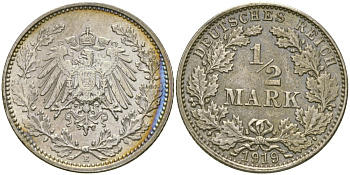 Германия 1/2 марки 1919 E J. 16, KM 17 серебро UNC 65-317