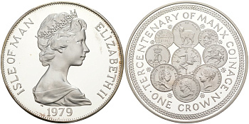 Остров Мэн 1 крона 1979 300 лет чеканке монет на острове Мэн, в оригинальной коробке, с сертификатом KM 45а серебро PROOF 3-4-4-21