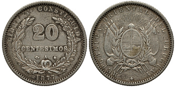 Уругвай 20 сентесимо 1877 А KM 15 серебро 633-621